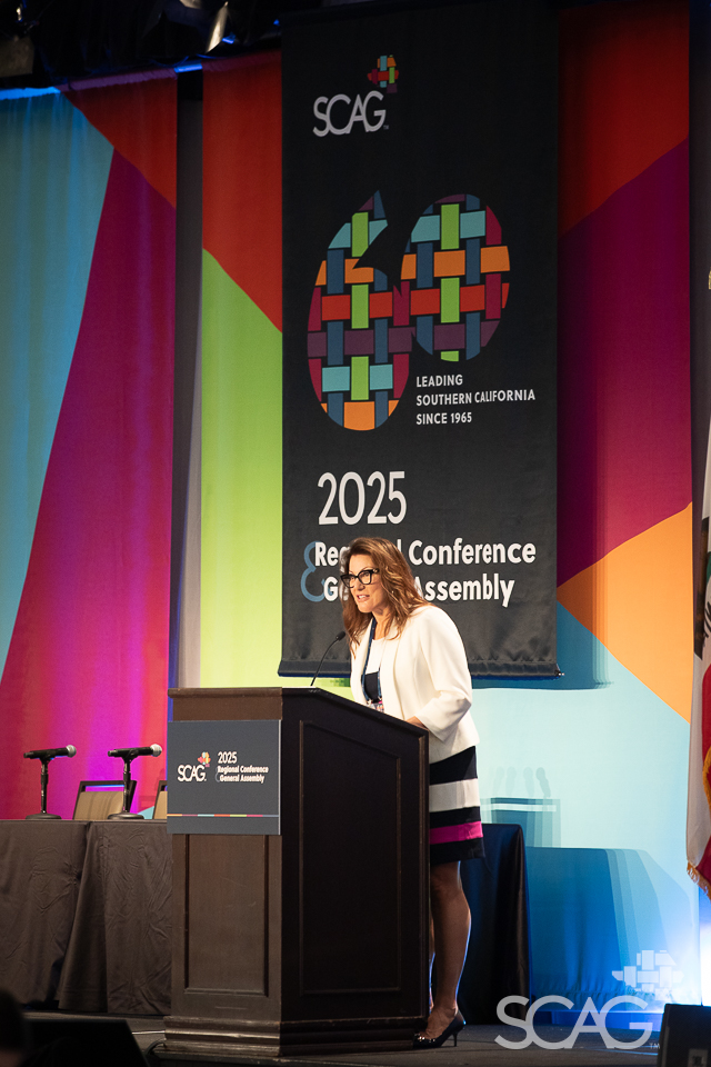 SCAG President Cindy Allen speaking at podium. 