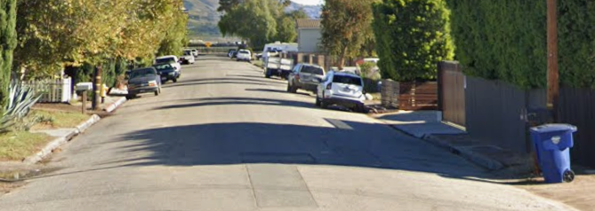 Street lined with parked cars and trees, blue recycling bin by the curb.