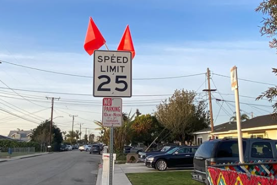 Speed limit sign 25 with red flags, on a suburban street with colorful fence.