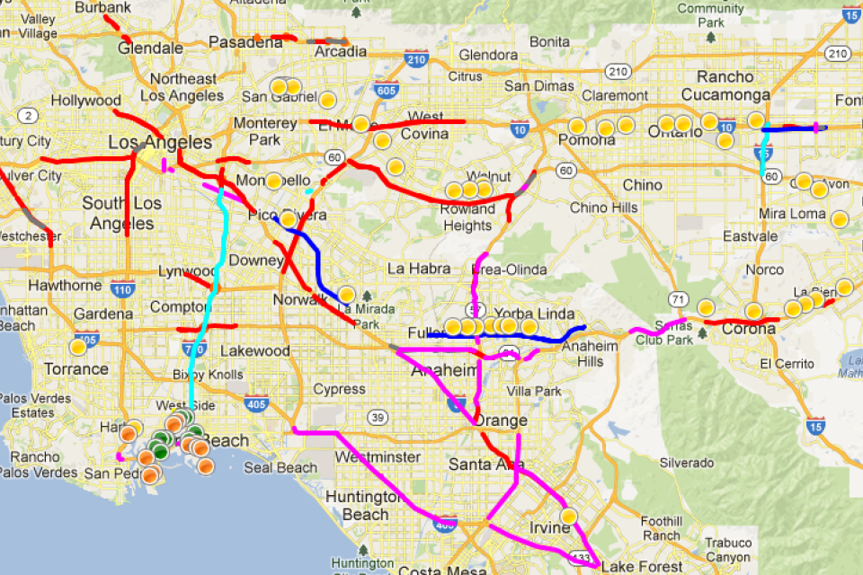 Map of Southern California with colorful transit routes marked.
