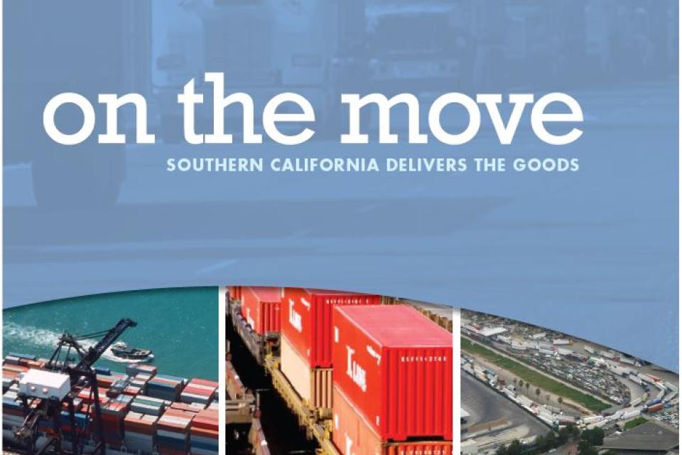 Blue transport-themed brochure cover with port, train, and highway images.