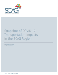 SCAG logo with report title on COVID-19 transportation impacts, August 2020.