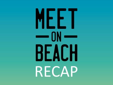 Meet on Beach recap graphic with blue-green gradient background.