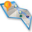 Folded map graphic with blue route and orange location pin.